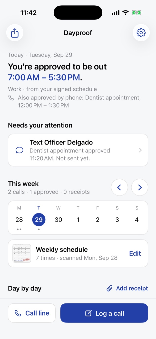 Home screen with today's approved hours and a reminder to text Officer Delgado.