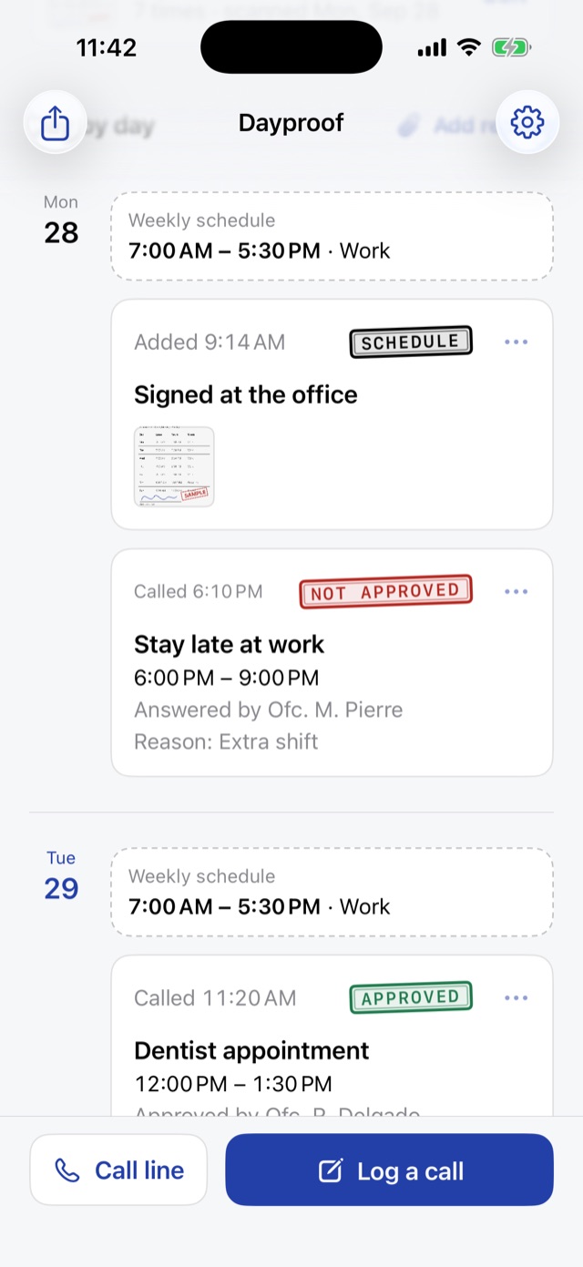 Day by day record: Monday's schedule, a call marked Not approved, and Tuesday's dentist call marked Approved.